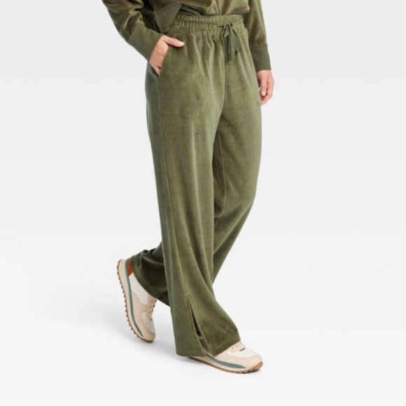 JoyLab Velour High Waist Split Wide Leg Lounge Pants in Olive Green Size XS - Picture 1 of 9